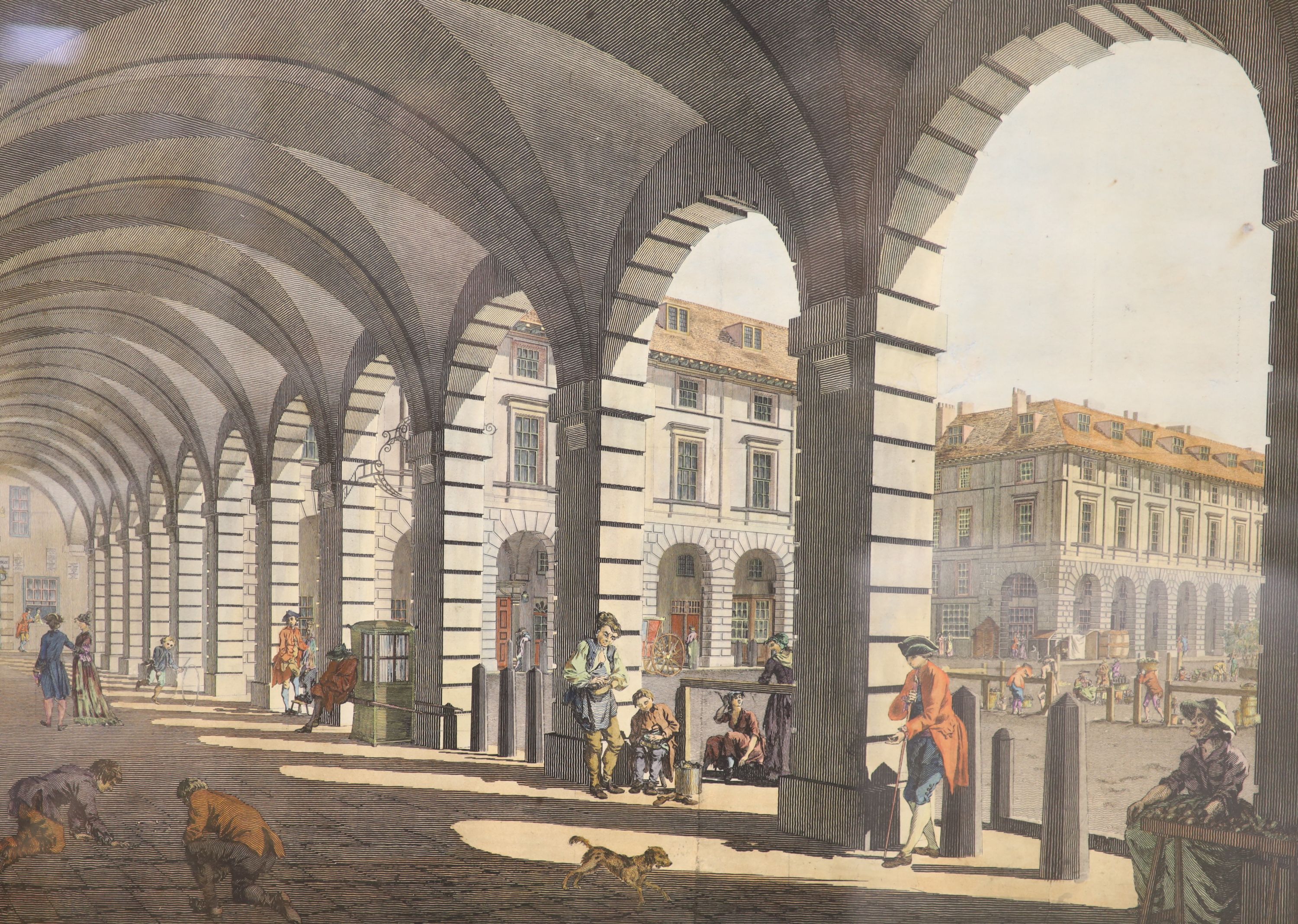 A pair of 18th century hand coloured line engravings, Covent Garden